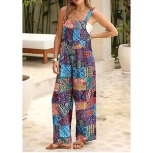 Vonda Women’s Size Medium 100% Cotton Patchwork Print Boho Overalls